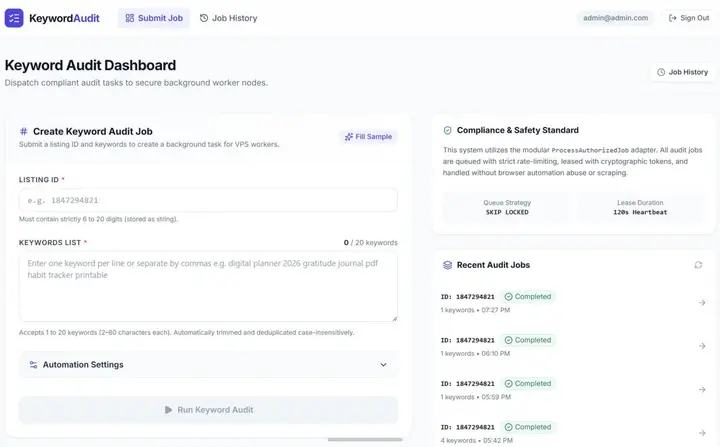 Keyword Audit Dashboard: create-job form with listing ID and keywords list on the left, compliance panel and recent audit jobs on the right