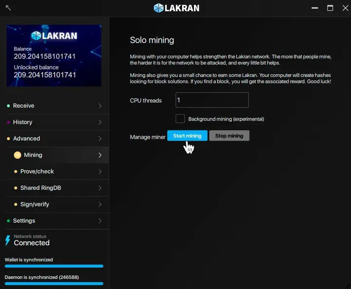 Lakran desktop wallet showing balance, solo CPU mining controls and a synchronized daemon